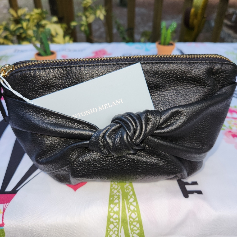 Antonio Melani Black Pebble Leather Clutch  8"W × 6" D NWT.